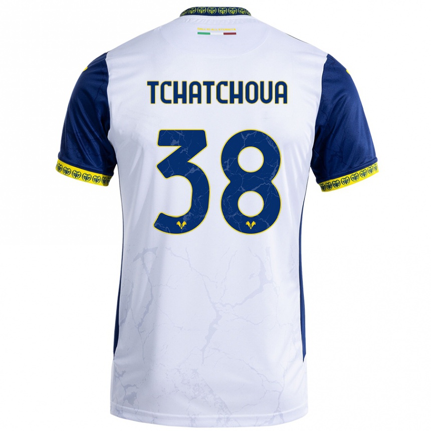 Enfant Football Maillot Jackson Tchatchoua #38 Blanc Bleu Tenues Extérieur 2024/25