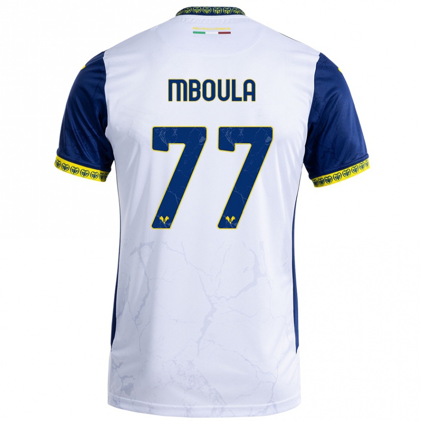 Enfant Football Maillot Jordi Mboula #77 Blanc Bleu Tenues Extérieur 2024/25