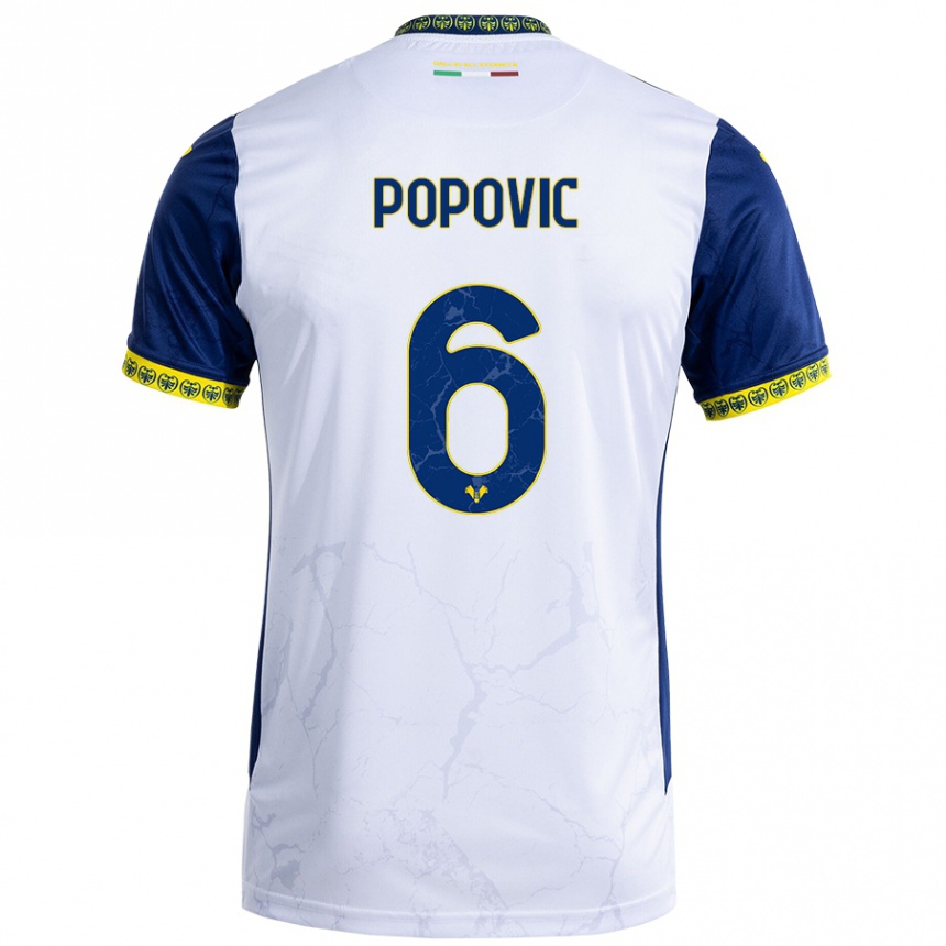 Homme Football Maillot Andrej Popovic #6 Blanc Bleu Tenues Extérieur 2024/25