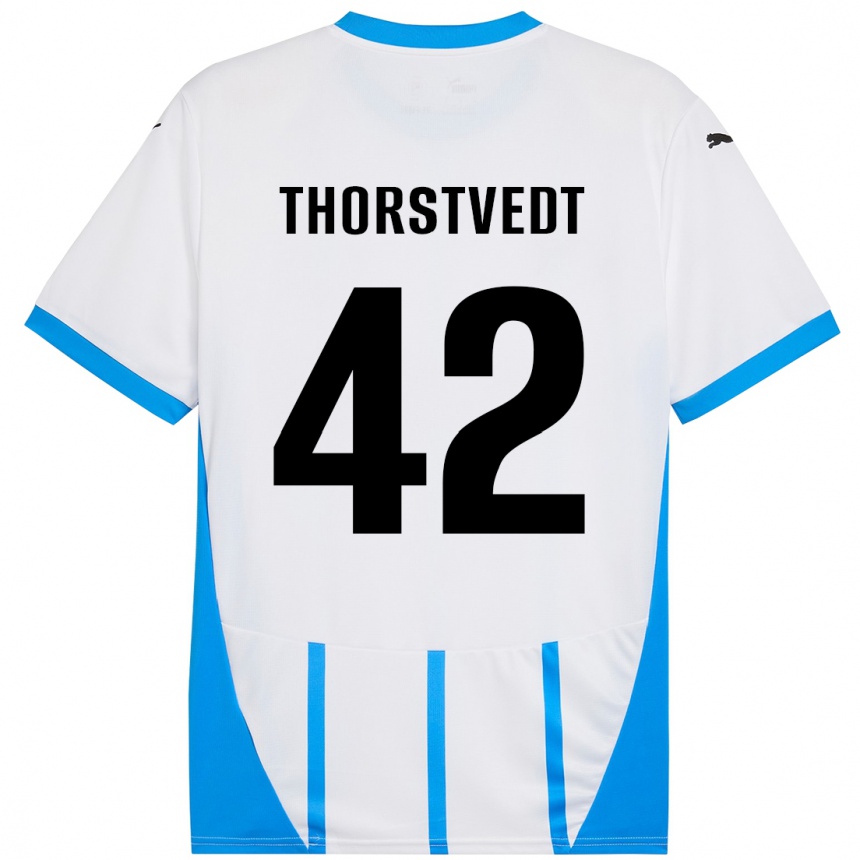 Femme Football Maillot Kristian Thorstvedt #42 Blanc Bleu Tenues Extérieur 2024/25