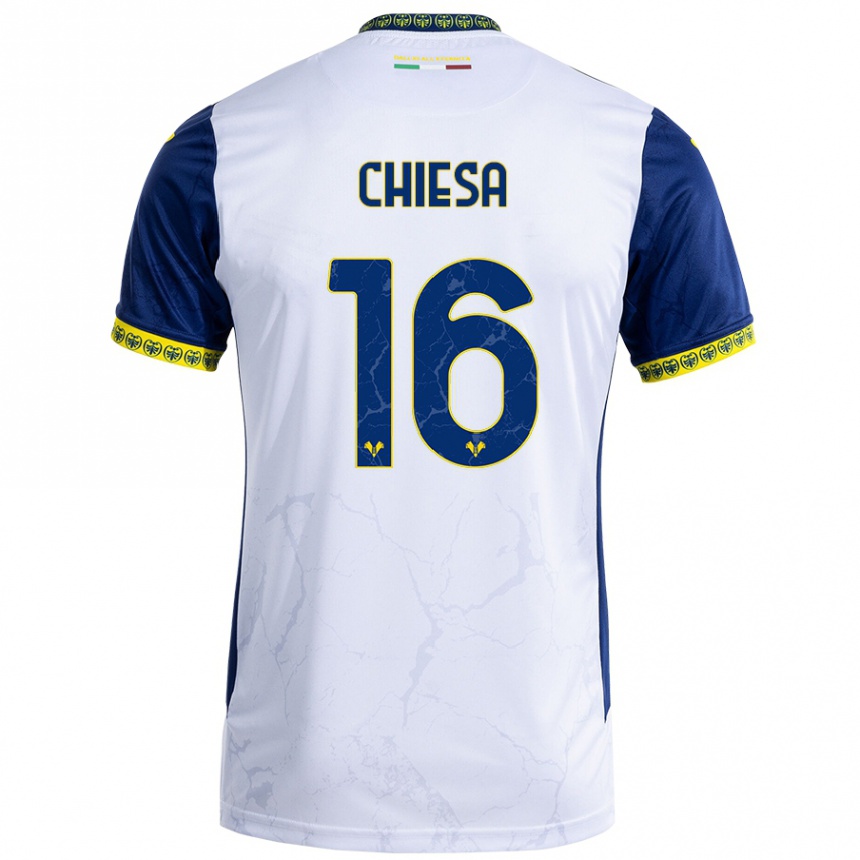 Femme Football Maillot Mattia Chiesa #16 Blanc Bleu Tenues Extérieur 2024/25