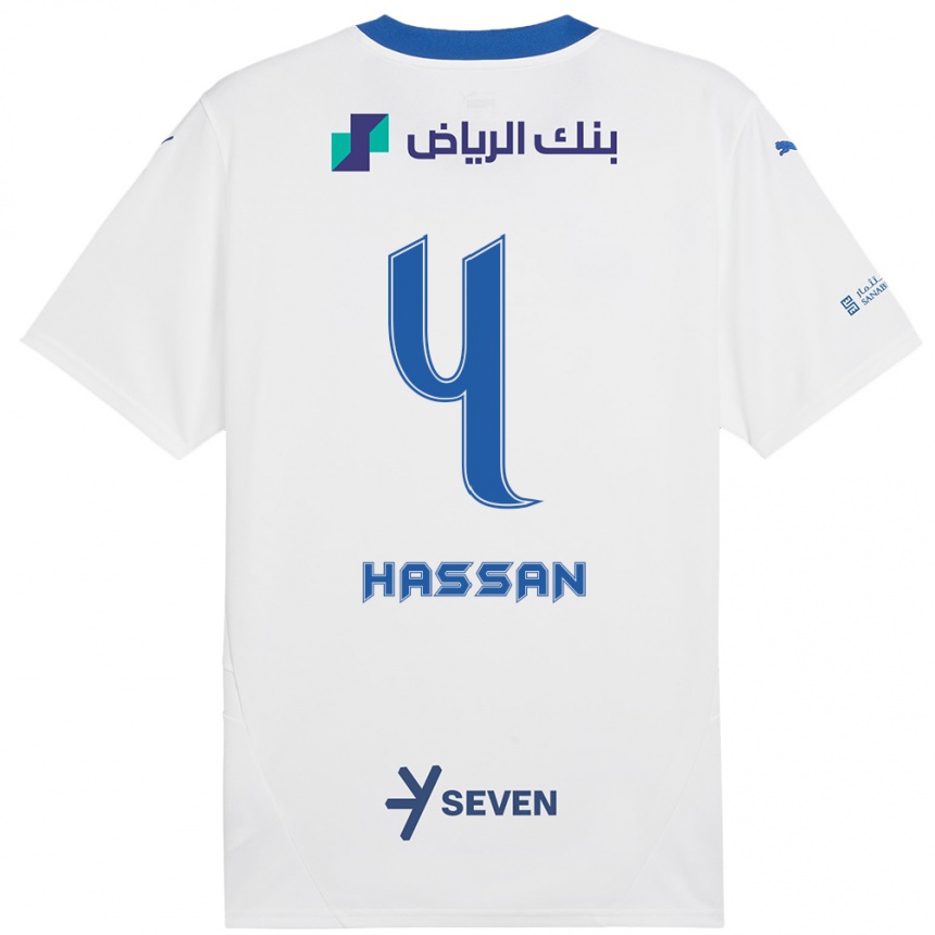 Enfant Football Maillot Eman Hassan #4 Blanc Bleu Tenues Extérieur 2024/25