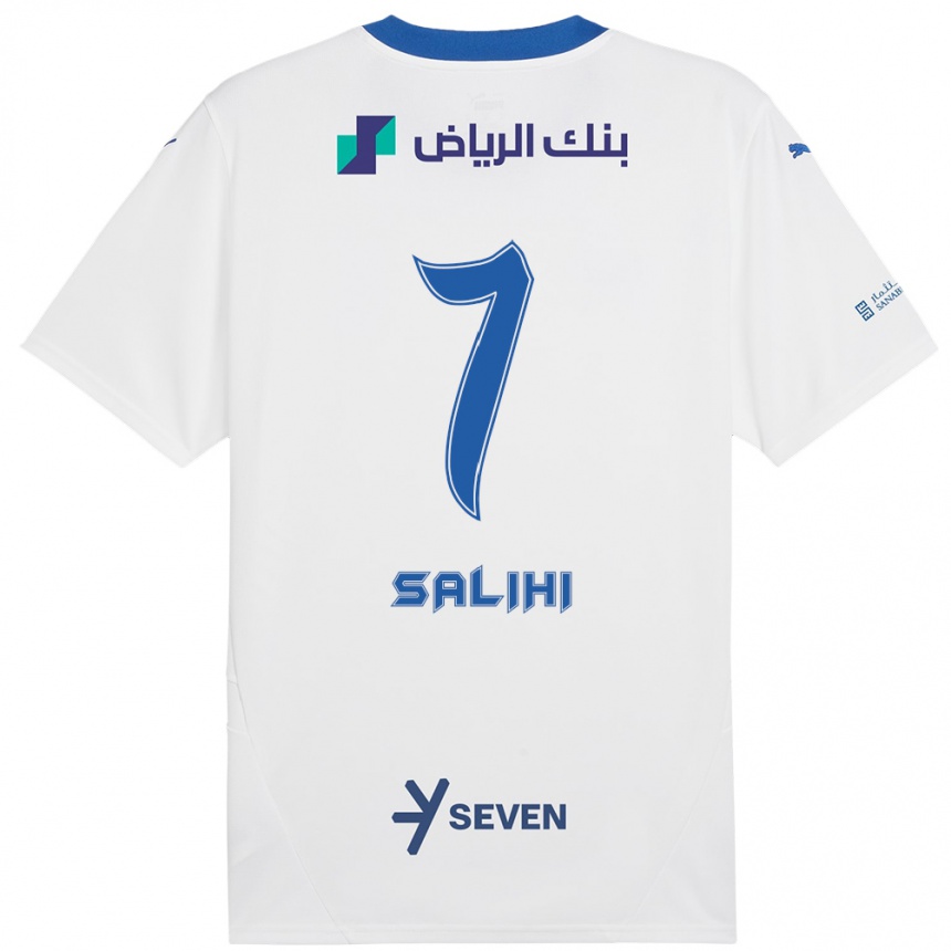 Enfant Football Maillot Shokhan Salihi #7 Blanc Bleu Tenues Extérieur 2024/25