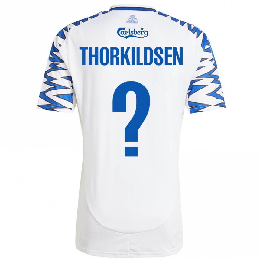 Enfant Football Maillot Elias Thorkildsen #0 Blanc Bleu Ciel Tenues Domicile 2024/25