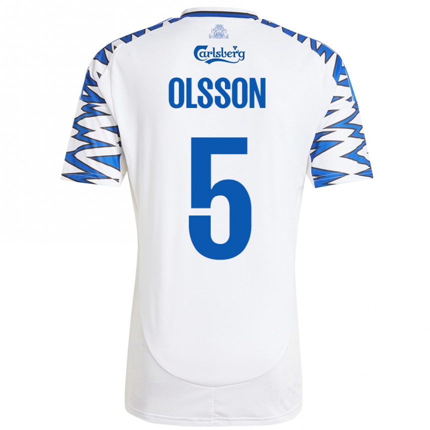 Enfant Football Maillot Cornelius Olsson #5 Blanc Bleu Ciel Tenues Domicile 2024/25