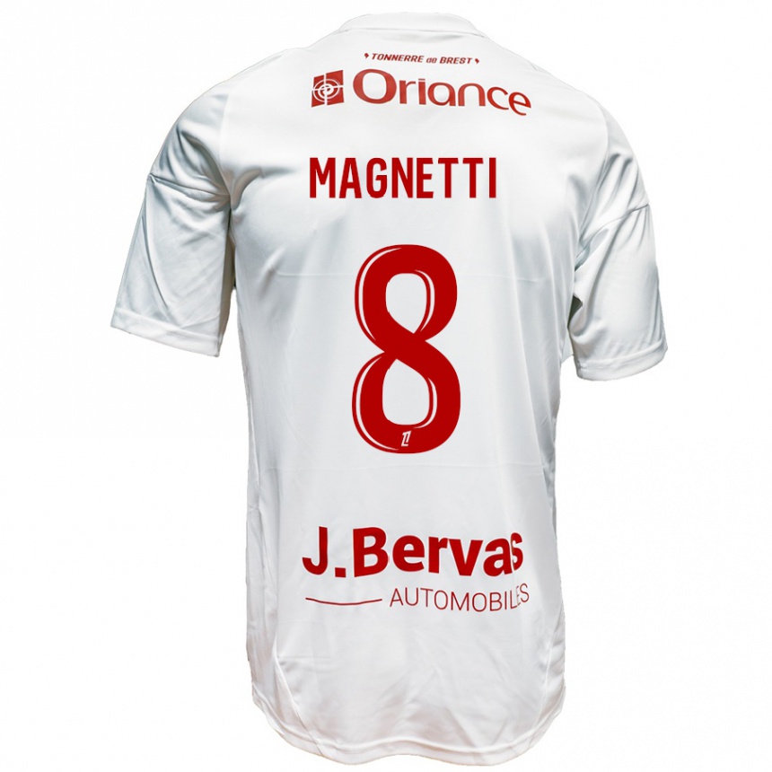 Enfant Football Maillot Hugo Magnetti #8 Blanc Rouge Tenues Extérieur 2024/25