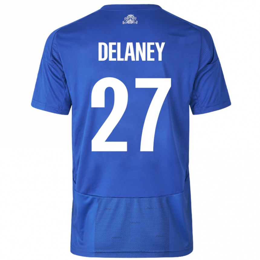 Enfant Football Maillot Thomas Delaney #27 Blanc Bleu Tenues Extérieur 2024/25