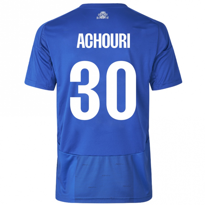 Enfant Football Maillot Elias Achouri #30 Blanc Bleu Tenues Extérieur 2024/25