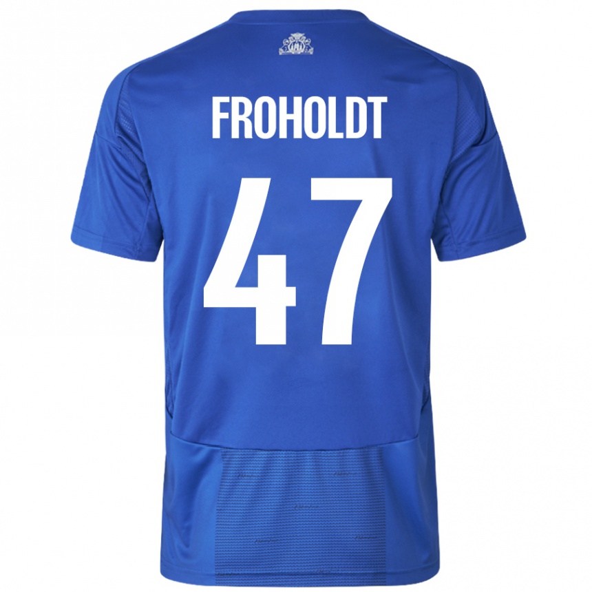 Enfant Football Maillot Victor Froholdt #47 Blanc Bleu Tenues Extérieur 2024/25