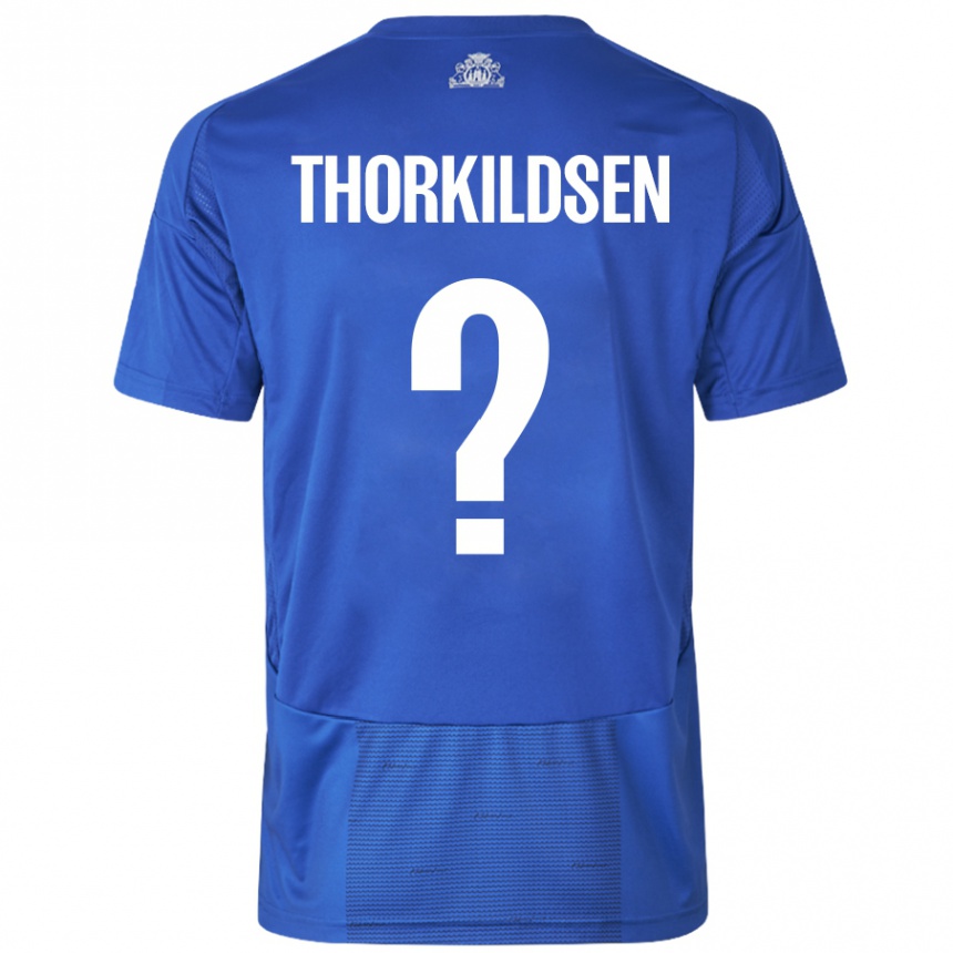 Enfant Football Maillot Elias Thorkildsen #0 Blanc Bleu Tenues Extérieur 2024/25