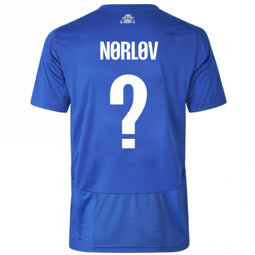 Enfant Football Maillot William Nørløv #0 Blanc Bleu Tenues Extérieur 2024/25