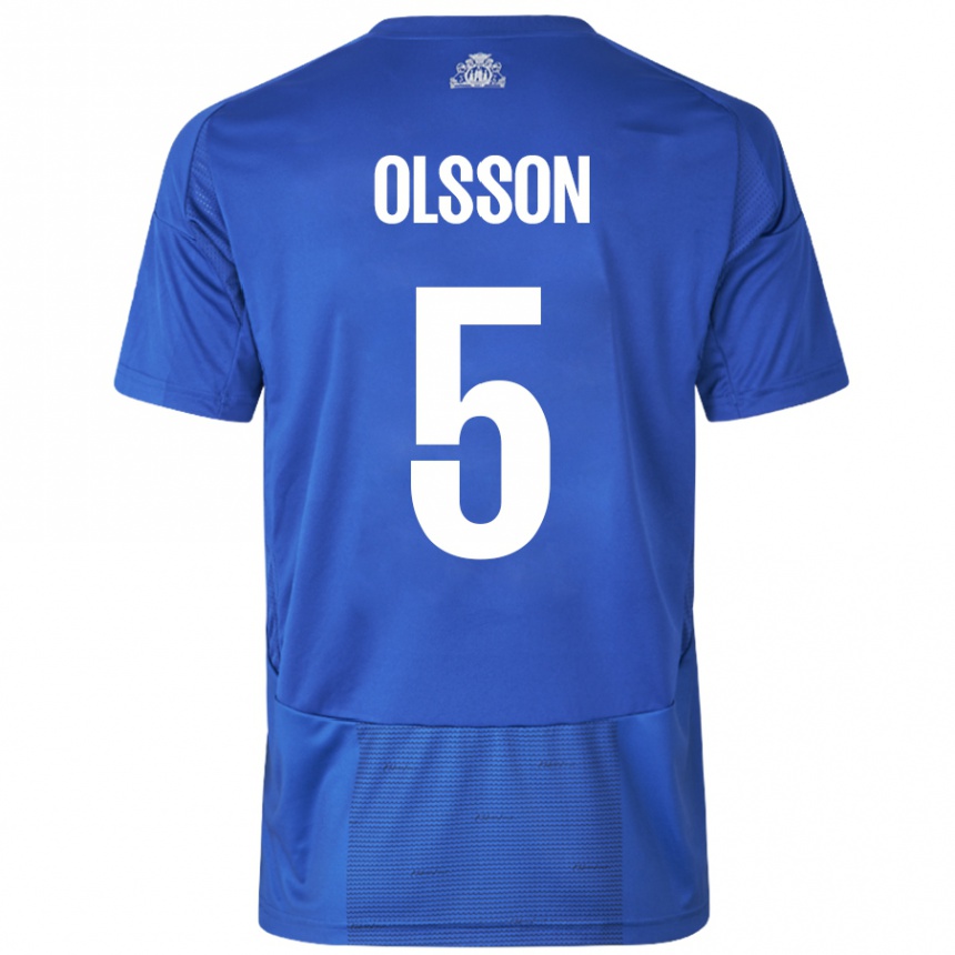 Enfant Football Maillot Cornelius Olsson #5 Blanc Bleu Tenues Extérieur 2024/25