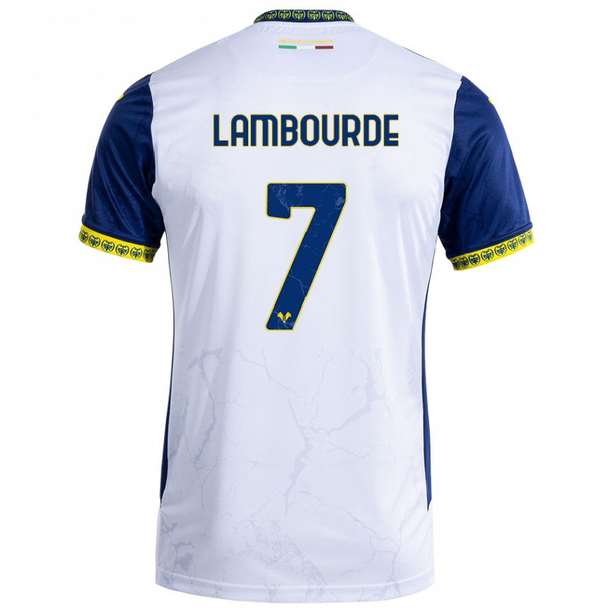 Enfant Football Maillot Mathis Lambourde #7 Blanc Bleu Tenues Extérieur 2024/25